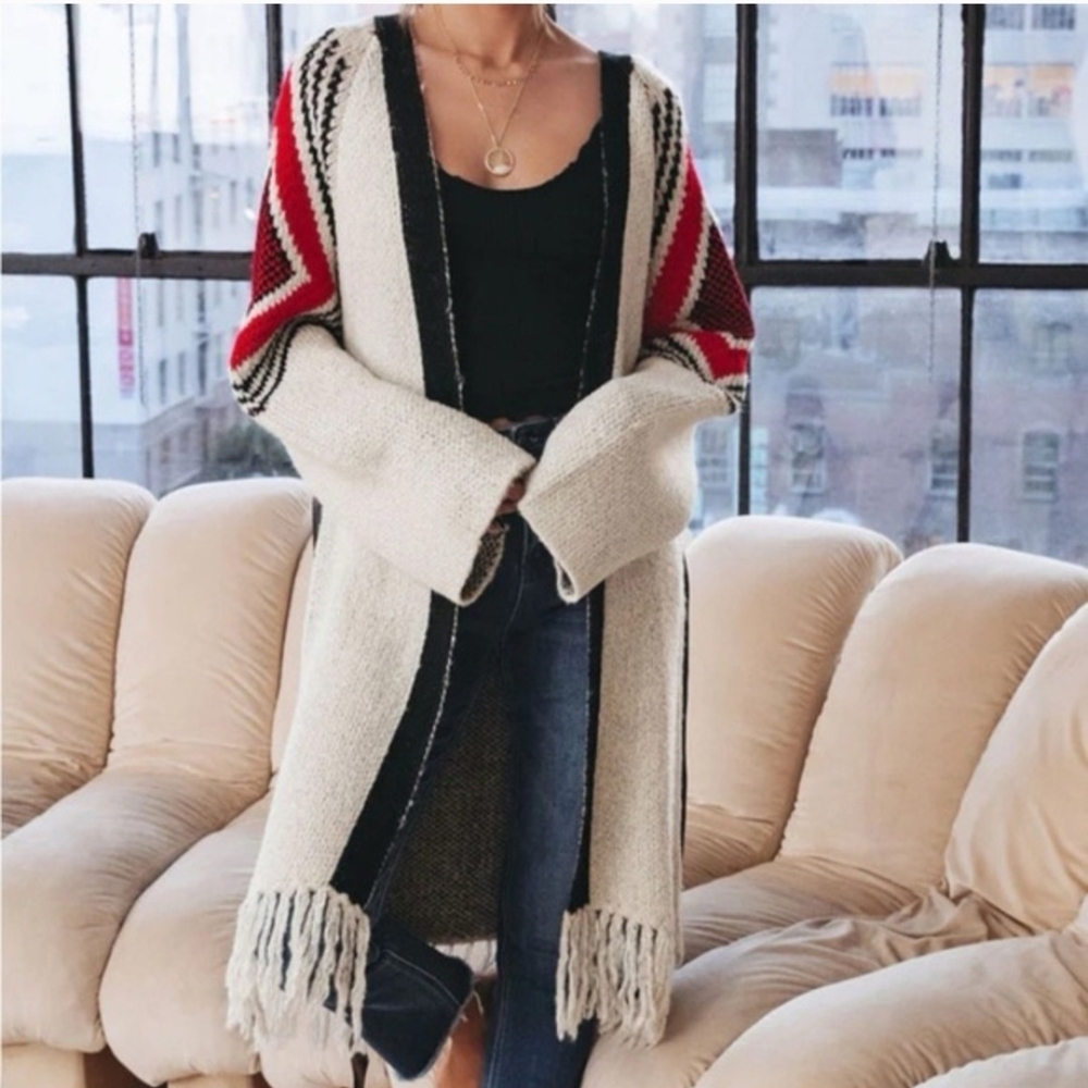 Vici Elegant Knit Open Cardigan - Red and Cream/ Gray